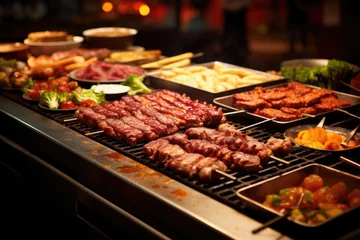 Fotobehang Korean BBQ. Mouth-watering Korea's Barbecue Delights for a Perfect Asian Cuisine Experience at Dinner or Wedding Table with Wine © AIGen