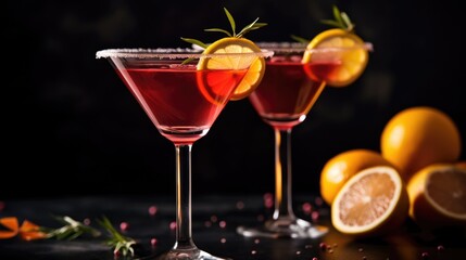 Cheers to the Night! 2 Glasses of Cosmopolitan Cocktail with Orange and Lime Wedges on Dark Grey Worktop with Dark Background