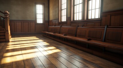 Empty Jury Box in the Courthouse. Symbol of Authority and Justice in a Silent Courtroom - obrazy, fototapety, plakaty