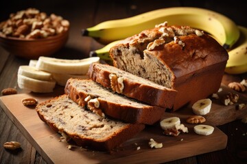 Close-up View of Banana Nut Bread Sliced Loaf, Delicious Nutty Breakfast Meal on Rustic Brown Background