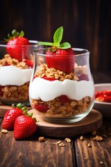 Delicious Homemade Strawberry Parfait Served in Glass Jars with Granola, Yogurt and Fresh Red Strawberries on Rustic Wooden Background