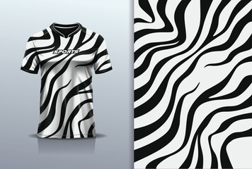 T-shirt mockup with abstract zebra seamless pattern jersey design for football, soccer, racing, esports, running, in black white color