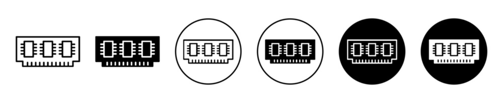 Ram memory icon. random access memory ssd ddr computer cpu ram in motherboard logo set vector. electric microchip circuit processor disc device symbol. pc ram memory storage board logo mark sign