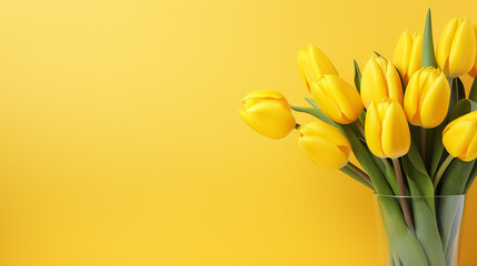 Spring bouquet of yellow tulips on an isolated yellow background with copyspace, pastel colors.