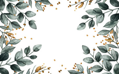 Herbal eucalyptus leaves frame isolated on a white transparent background, png.  Greenery wedding simple minimalist border. Watercolor style card.  - obrazy, fototapety, plakaty