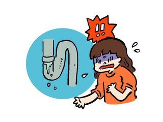 水道管の水漏れに困惑する女性のイラスト	