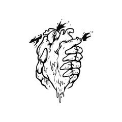 Line art illustration of a heart squeezed by a skull hand