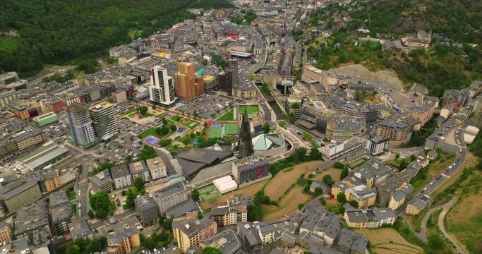 Aerial view of Andorra la Vella, the capital of Andorra, in the Pyrenees mountains between France and Spain. One of the most developed countries in Europe. Wonderful country for holidays and business