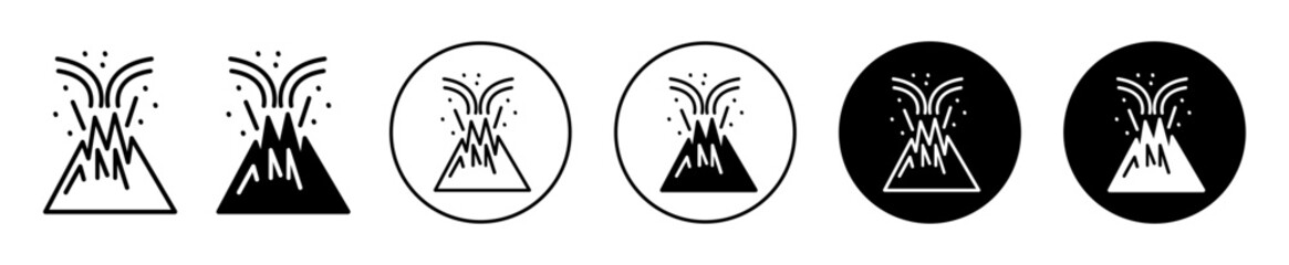 Volcano eruption icon. hot burning ash lava flame smoke by volcano eruption due to global warming and tectonic plate disaster in earthquake logo mark set. active magma erupting on top of the hill peak - obrazy, fototapety, plakaty