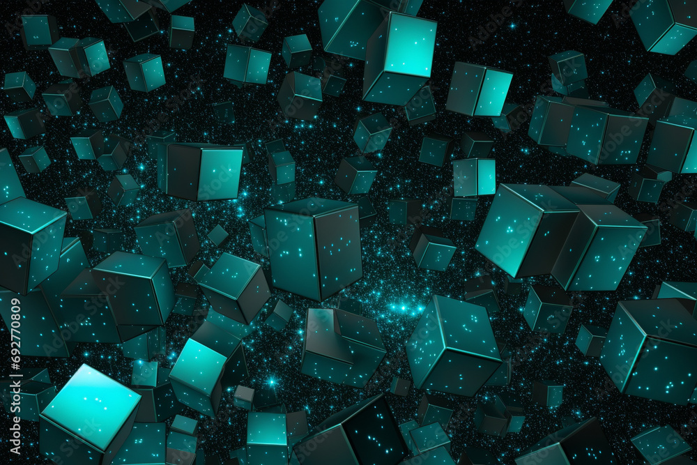 Wall mural a 3d array of geometric tessellations in hues of turquoise and silver, creating an optical illusion 