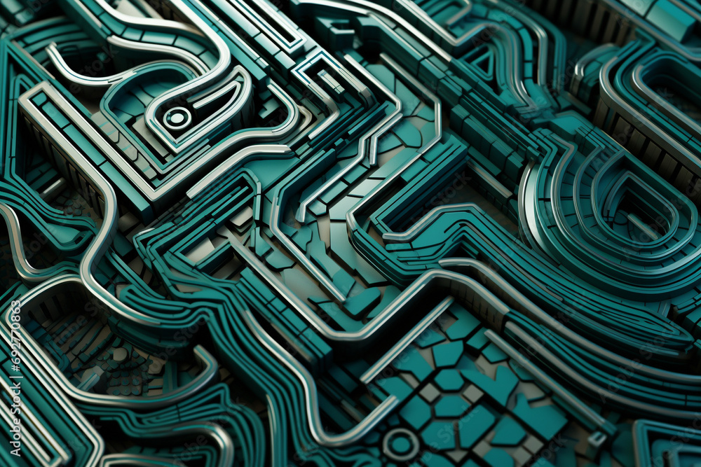 Poster a 3d composition of intricate geometric patterns in a blend of turquoise and platinum, forming a mes