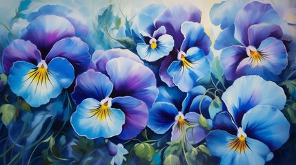 Illustration of vibrant blue pansies in full bloom. - obrazy, fototapety, plakaty