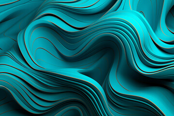 A 3D composition of intricate geometric patterns in a blend of turquoise and platinum, creating a mesmerizing design against a background resembling flowing water.