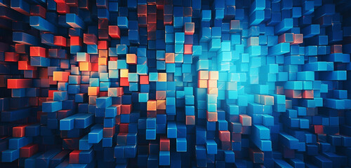 A complex 3D abstract mosaic with intricate color interplays and dynamic contrasts against a celestial blue background.