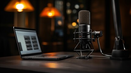 Image of a microphone placed on a table. - obrazy, fototapety, plakaty