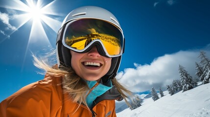 Fototapeta na wymiar Image of a smiling skier against the backdrop of a blue sky.