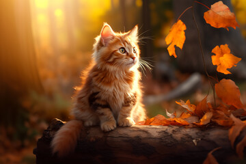 Naklejka na ściany i meble Cat sensing autumn in a deep forest
