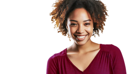 Portrait of a beautiful Happy African American isolated on white transparent background.