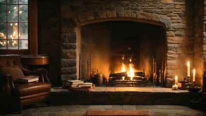 Warm Serenity: A Traditional Living Room with a Stone Fireplace, Generative ai
