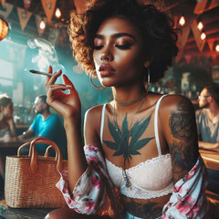 Young woman smoking joint in a Cannabis Social Club. Guest or member of a CSC. Coffeeshop. Cannabis dispensary. Marijuana. Weed. Ganja. Legalization. Lighting up. Amsterdam. Generative AI
 - obrazy, fototapety, plakaty
