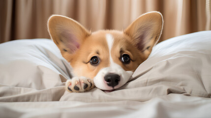 A dog with a cute face is lying on the bed