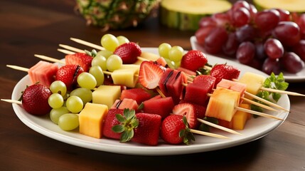 Plate adorned with an assortment of vibrant fruit skewers.