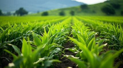Obraz premium Rows of young corn plants thriving on a vast field.