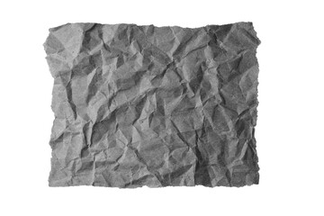 Black crumpled rectangle sheet of paper with torn edge isolated on white, transparent background, PNG. Recycled craft paper wrinkled, creased texture, grunge border. Template, mockup, copy space