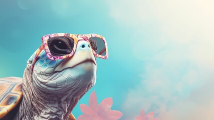 Turtle in stylish sunglasses on a pastel background.