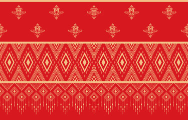 Golden tribal pattern on red background used as ethnic tribal decoration for wallpaper and printed fabric.