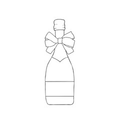 Champagne bottle icon with bow. Outline drawing. Hand drawn vector illustration. Design element. For coloring, menu, cards, printing, packaging, invitations, business cards, advertising. 2024