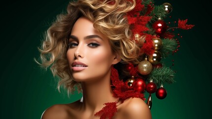 Woman with a beautiful hairstyle on a Christmas background. - obrazy, fototapety, plakaty