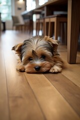 A Yorkshire Terrier lying on a wooden floor with blurred  background