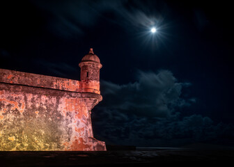 Fort San Felipe de El Morro in San Juan, Puerto Rico with full moon