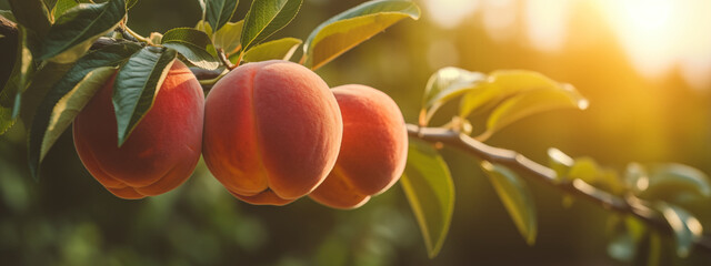 Ripe Peaches on a Peach Tree Branch in an Orchard. Horizontal Banner with Close-up View of Peaches Ready for Harvesting. Concept of Healthy Eating and Organic Farming. - obrazy, fototapety, plakaty