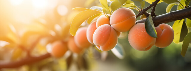 Ripe Apricots Hanging on Apricot Tree Branch in Orchard. Horizontal Banner with Apricots Ready for Harvesting in Close-up View. Concept of Healthy Eating and Organic Farming. - obrazy, fototapety, plakaty