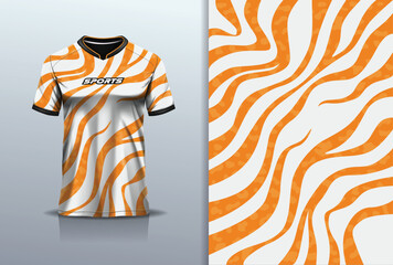 T-shirt mockup with abstract zebra seamless pattern jersey design for football, soccer, racing, esports, running, in orange color