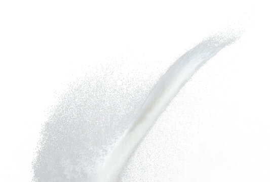 Million of white sand explosion, Photo image of falling down shower snow, heavy snows storm flying. Freeze shot on black background isolated overlay. Tiny Fine Salt sands as particle science