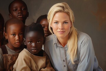 African children and white blonde woman teacher - obrazy, fototapety, plakaty