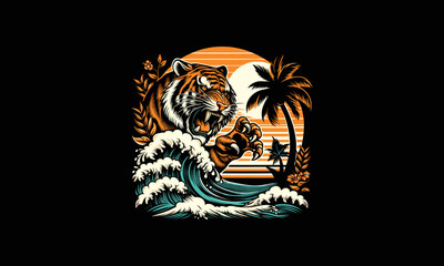 tiger angry with palm vector flat design - obrazy, fototapety, plakaty