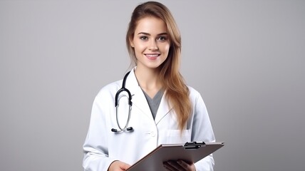 happy male doctor with stethoscope over neck writing in clipboard isolated, one volor background with generative ai