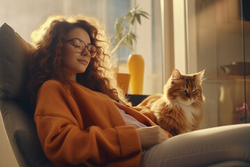 Jeune femme aux cheveux bouclés se reposant dans son fauteuil à côté de son chat, intérieur cosy et moderne - obrazy, fototapety, plakaty