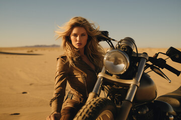 Jeune femme blonde en tenue de cuir posant devant sa moto dans le désert, femme biker en voyage dans les paysages sauvages - obrazy, fototapety, plakaty