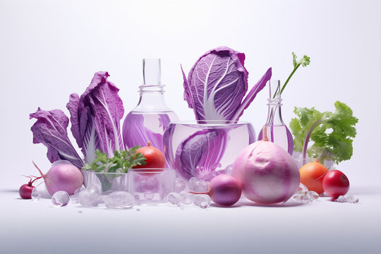L&eacute;gumes d'hiver (choux, oignon, &eacute;chalotte, radis, c&eacute;leris rave) dans des bocaux en verre d'inspiration futuriste, laboratoire, l'avenir est dans l'alimentation v&eacute;g&eacute;tale