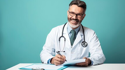 happy male doctor with stethoscope over neck writing in clipboard isolated, one volor background with generative ai - obrazy, fototapety, plakaty