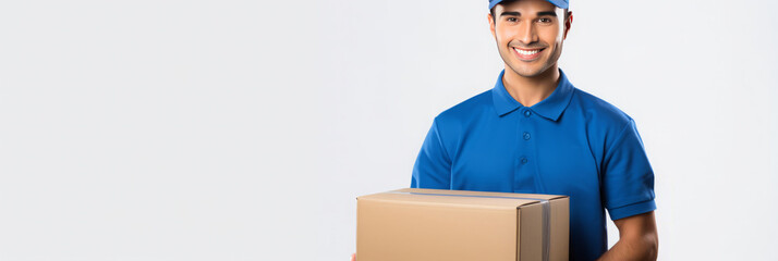 Smiling delivery mailman person delivering parcel cardboard box.