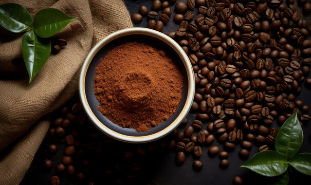 coffee pouder and beans, top view