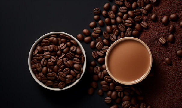 coffee pouder and beans, top view
