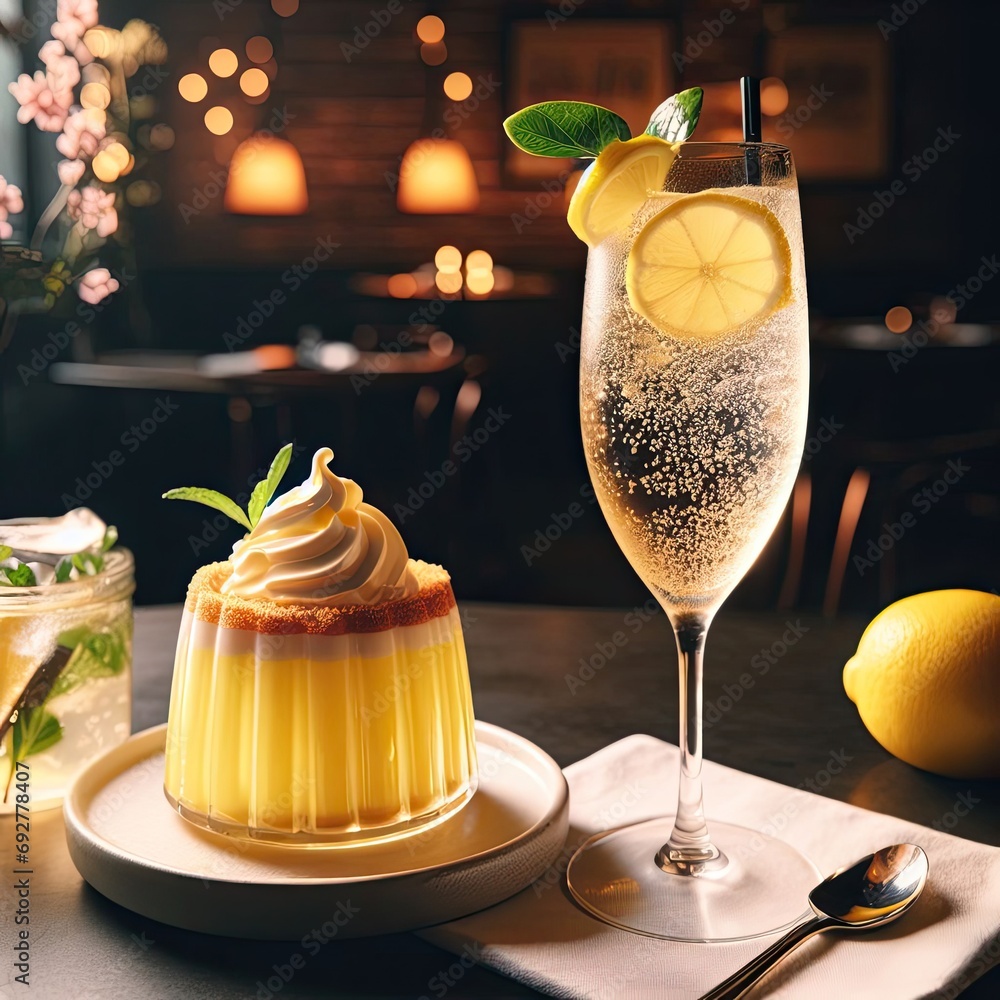 Wall mural lemon cocktail with dessert on the table AI Generative