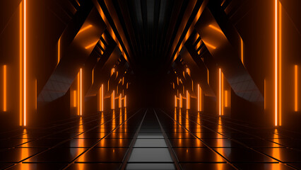 Fototapeta premium Sci Fi neon glowing lines in a dark tunnel. Reflections on the floor and ceiling. Empty background in the center. 3d rendering image. Abstract glowing lines. Technology futuristic background.